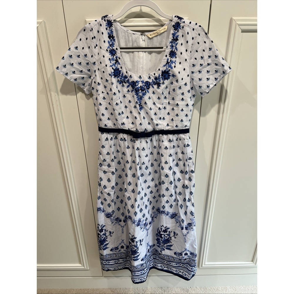 Wayward Fancies Eshakti Cottagecore MIDI Dress Blue & White Floral Garden Party